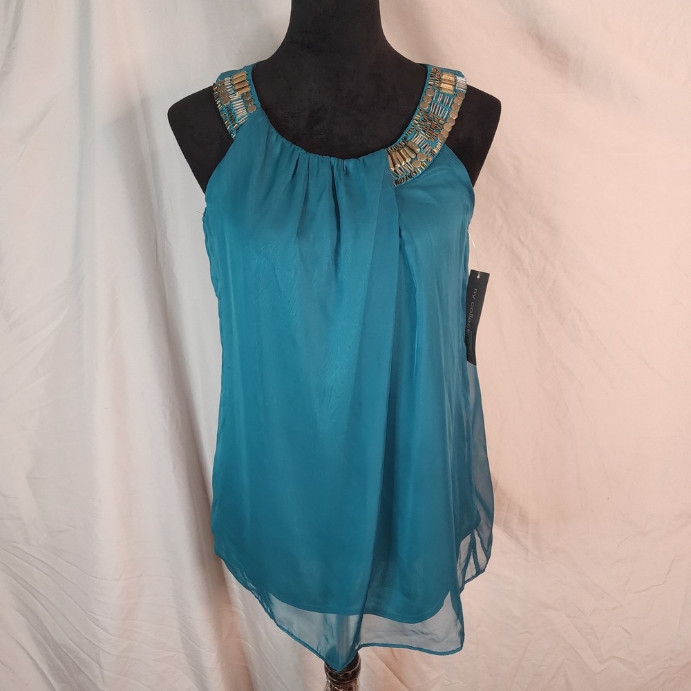 New w/tag NY COLLECTION Size Medium Teal Pleated Chiffon Beaded Sleeveles Blouse - Picture 2 of 12